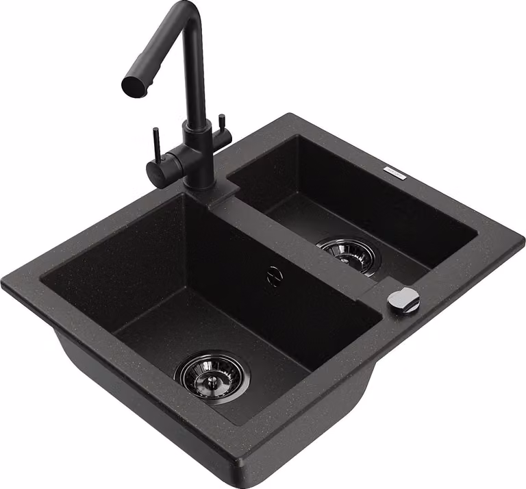 Mexen Carlos lavello in granito a 1,5 vasche con rubinetto da cucina Duero, nero/oro metallizzato - 6518-75-671600-70-B