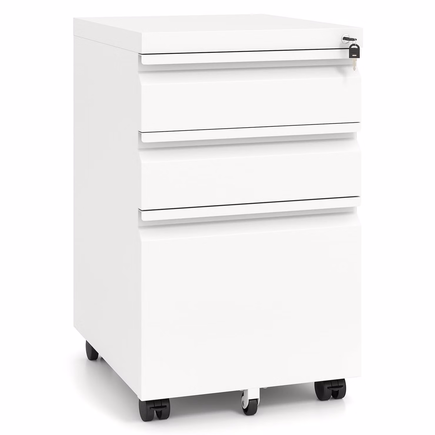 Cassettiera da ufficio Costway in acciaio con 3 cassetti, ruote e serratura, mobiletto porta documenti e stampante bianco