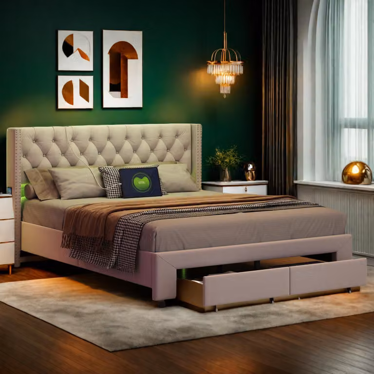 Letto borchiato ProximaX 140×190 cm - Letto imbottito in velluto con testata a LED e USB, tasche laterali - Cassetto alla pediera - Ideale per camere da letto, Beige