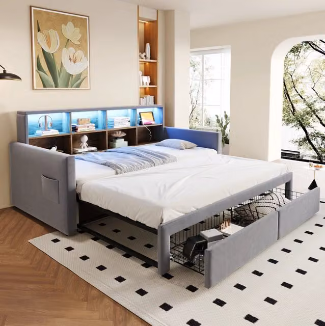 Divano Letto Contenitore in Velluto Grigio Chiaro 90x190 cm con Estensione a 180x190 cm, Testiera con Ripiani, Illuminazione LED e Prese USB, 2 Cassetti e Rete a Doghe