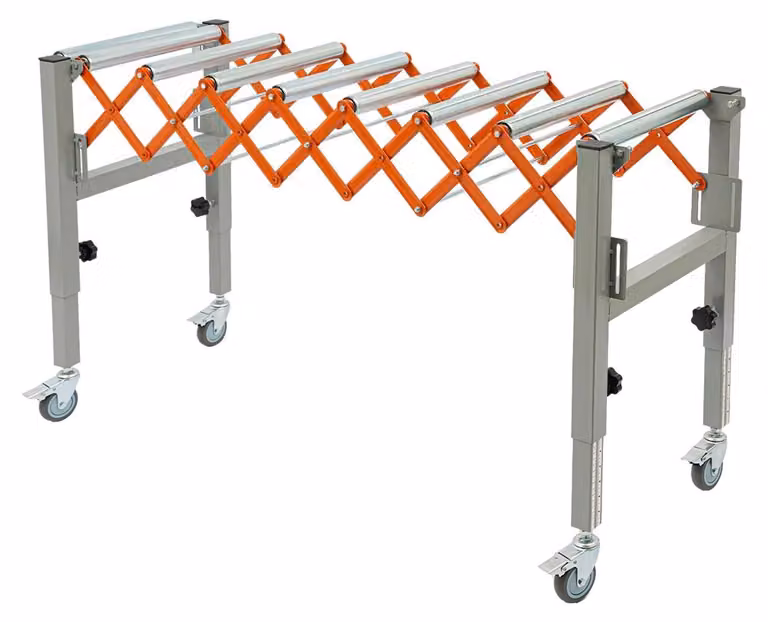 Tavolo di trasporto regolabile - Supporto a rulli per sega circolare da tavolo - Regolabile in altezza e lunghezza - Estensibile - Portata fino a 50 kg - Colore argento