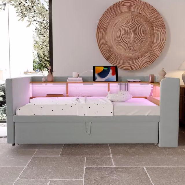 Divano letto 90/180x190 cm grigio chiaro in flanella con vani portaoggetti
