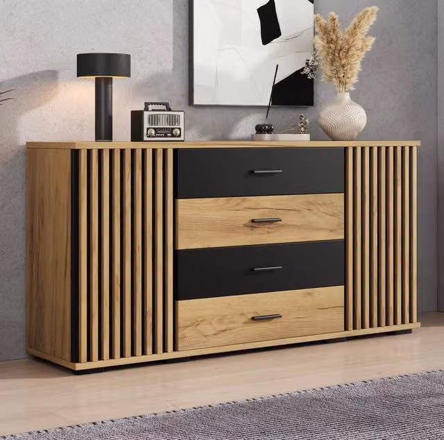 Credenza con 4 cassetti e 2 ante; MDF; ripiani regolabili; 140 x 35 x 70 cm; nero ed effetto rovere