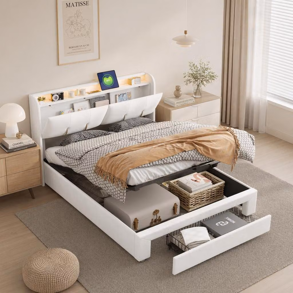 Letto imbottito INONEFT, 140x200 cm, con illuminazione LED, sistema di sollevamento idraulico e spazio contenitore, dotato di LED e porte USB, rivestito in velluto, con rete a doghe e contenitore, colore beige