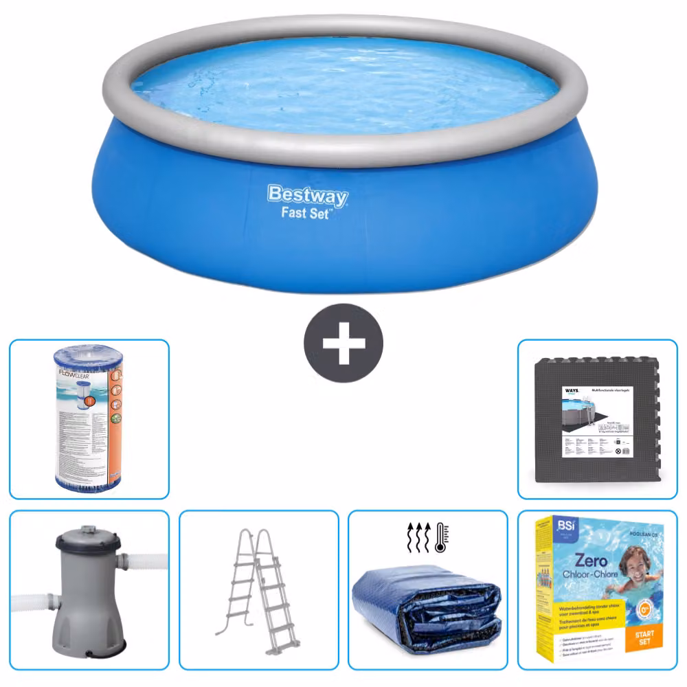 Piscina gonfiabile rotonda Bestway a presa rapida - 457 x 122 cm - blu - pompa inclusa - scaletta - tenda da sole - pacchetto manutenzione - filtro - pavimento in piastrelle