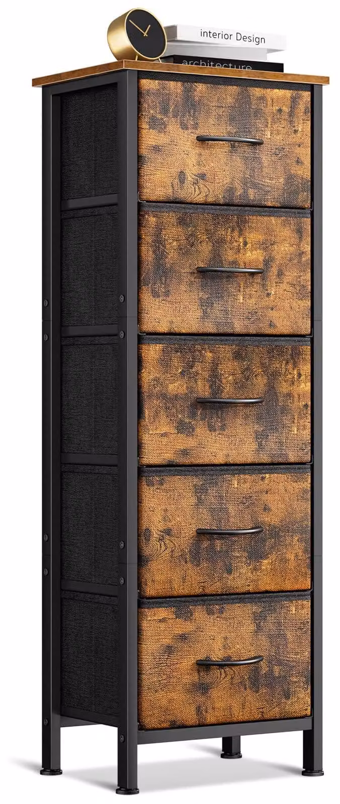 Cassettiera stretta - 5 cassetti - 40 x 30 x 120 cm - Tessuto - Piano in legno - Struttura in acciaio