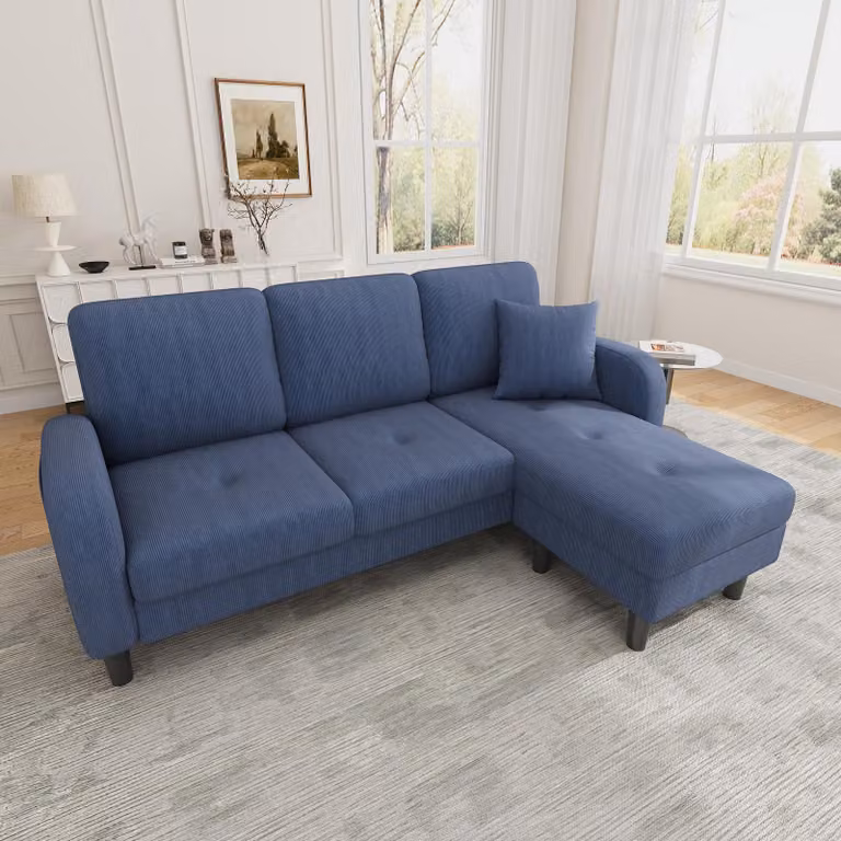 Divano ad L Merax con chaise longue, divano a 3 posti in velluto e corduroy con struttura in legno massello, divano modulare da salotto con gambe in plastica, blu