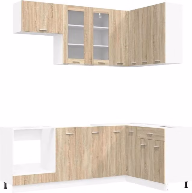 Unità Cucina Moderna vidaXL LYON 8 Pezzi in Legno MDF Rovere e Bianco con Ante in Vetro e Ripiani Interni L/P/H: 160,31 x 81,5 x 80 cm