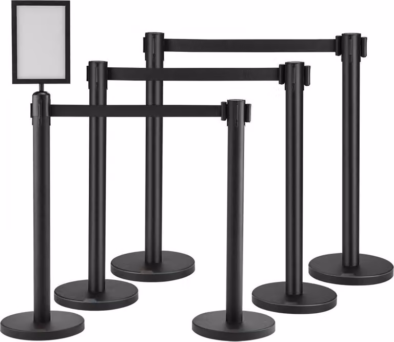 Sistema di guida per il personale - Set di nastri barriera da 6 pezzi - Paletti barriera con segnaletica - Nastro retrattile da 2 m x 48 mm - Ideale per aeroporti, fiere, luoghi di competizione, ecc.