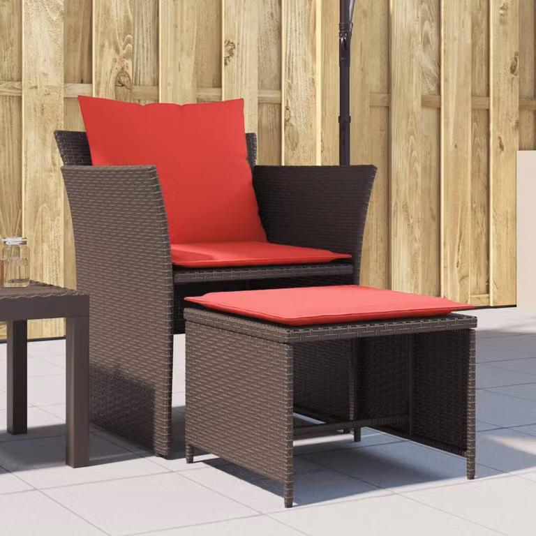 Sedia da giardino moderna vidaXL in polyrattan marrone con cuscini e poggiapiedi
