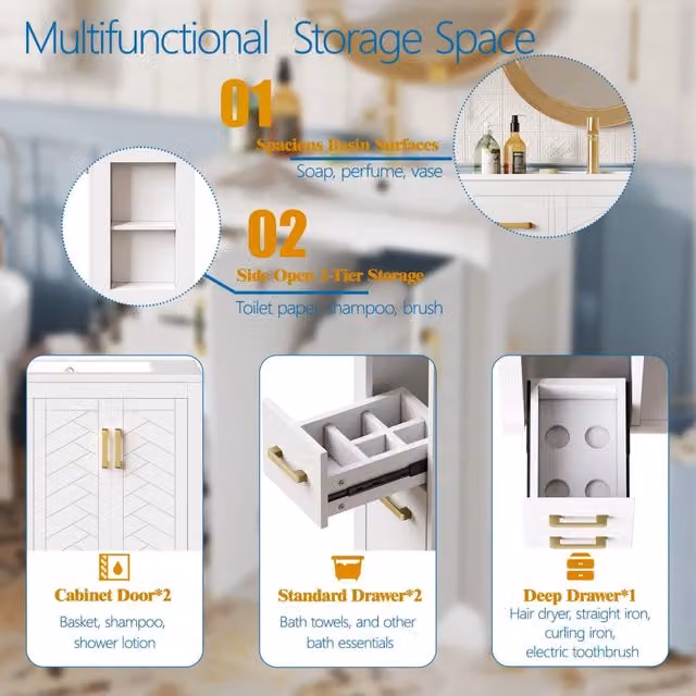 Mobile lavabo con 3 cassetti e ripiano laterale, mobile bagno con ampio spazio, cerniere a chiusura ammortizzata e lavandino in ceramica, 76,5x46,5x84,5 cm, bianco