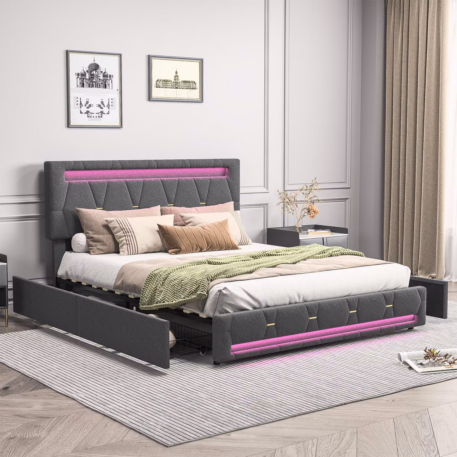 letto 140x200 con LED e base USB, letto imbottito con 4 cassetti e grande letto contenitore, grigio