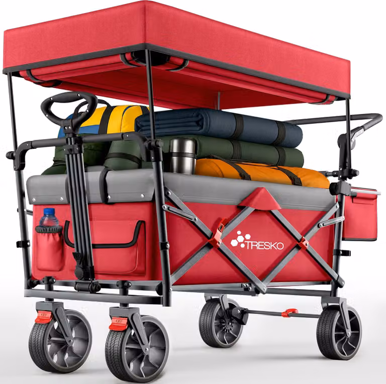 TRESKO® Carrello pieghevole con tetto rosso, vano refrigerante e tende laterali a rullo | Carrello con carico massimo fino a 150 kg | Carrello di trasporto con pneumatici in gomma piena, freni di stazionamento (anteriore e posteriore) e cintura a 3 punti