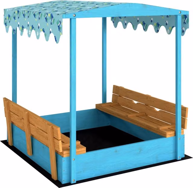 Sabbiera per bambini Giordanoshop con tettuccio dinosauri, sedute pieghevoli e fodera in legno e poliestere, colori blu e giallo, L/P/H: 134,5 x 127,5 x 130 cm