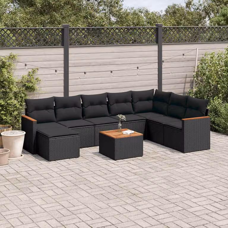 vidaXL Set Divani da Giardino 9 pz con Cuscini Nero in Polyrattan e Acciaio