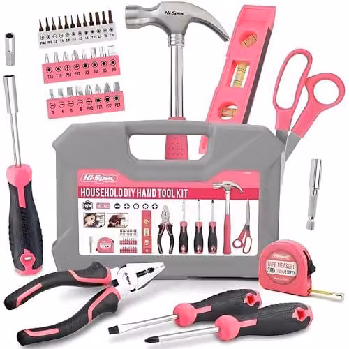 Set di utensili per la casa, il garage e lavori di bricolage, colore rosa