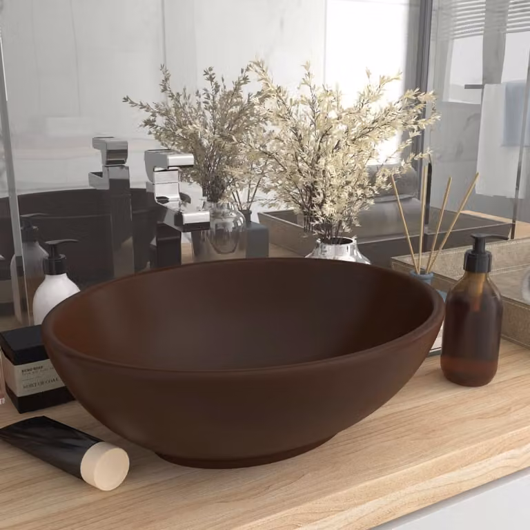 The Living Store Lavabo ovale Matt Dark Brown 40x33 cm in Vetroceramica