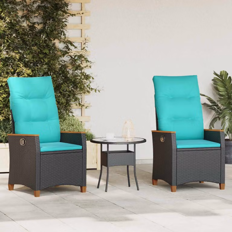 Sedia da giardino reclinabile vidaXL in polyrattan con cuscini, Nero e Turchese