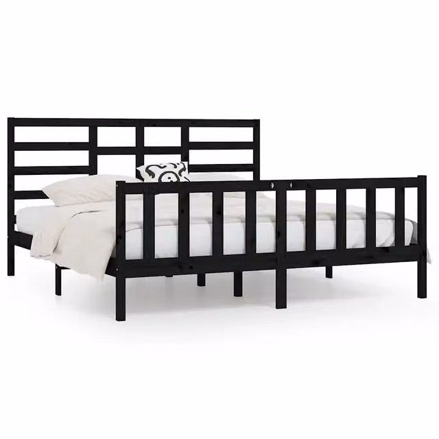 Letto matrimoniale | Letto per adulti | Giroletto Nero in Legno Massello di Pino 200x200 cm