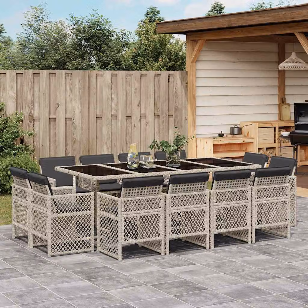 Set da pranzo da giardino vidaXL in polyrattan con cuscini e piano in vetro, 13 pezzi, grigio antracite – 1