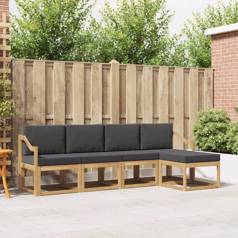 vidaXL Set di divani da esterno a L in legno di acacia con pouf, Bianco e Antracite