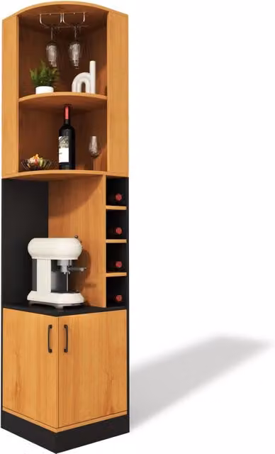 Mobile angolare bar moderno in MDF naturale con portabicchieri e 4 vani bottiglie, armadietto chiuso per cucina e soggiorno, L/P/H: 40 x 40 x 182 cm – 1
