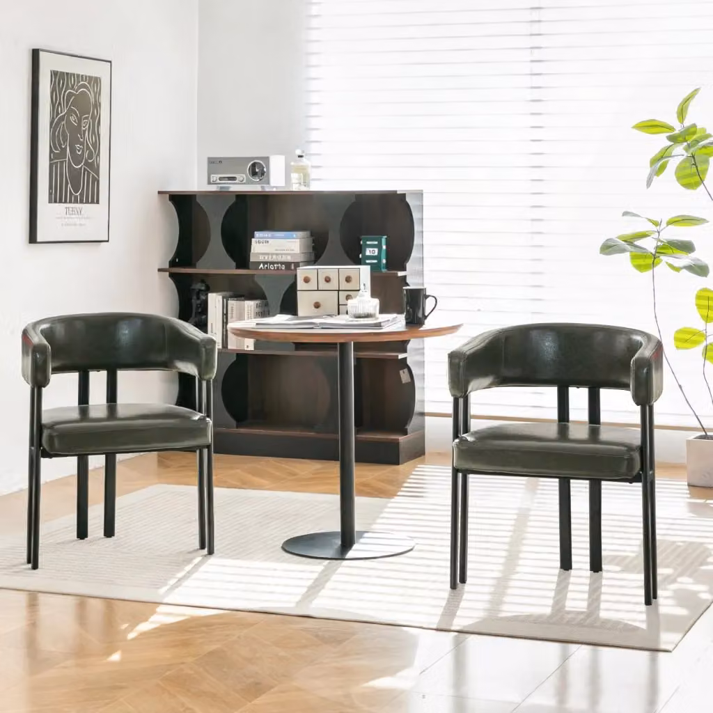Sedia da pranzo moderna OKWISH in similpelle verde con braccioli e struttura in metallo – 2
