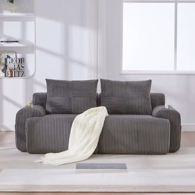 Divano modulare WISHDOR a 2 posti in velluto a coste grigio con portabicchieri e tasca laterale, imbottitura in schiuma ad alta densità, L: 200 cm, P: 80 cm, H: 80 cm