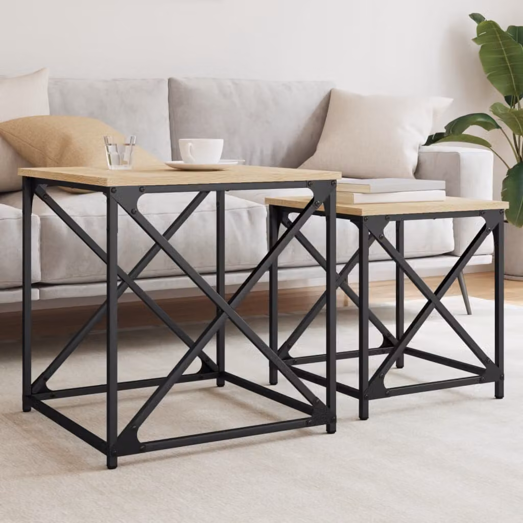 Set di 2 tavolini impilabili vidaXL in legno e metallo color rovere, stile industriale, per soggiorno o ufficio