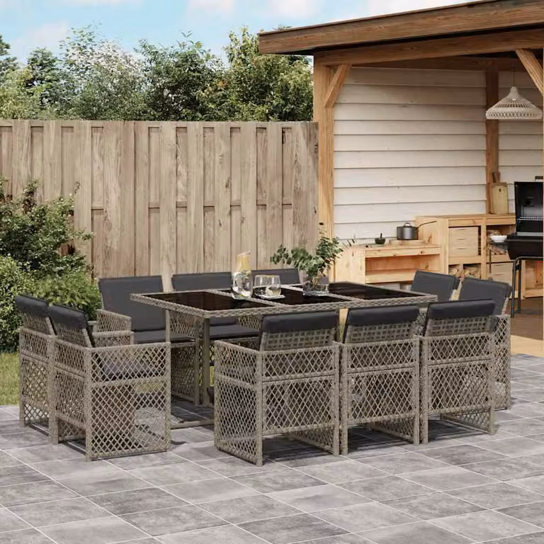 Set da pranzo da giardino vidaXL in polyrattan grigio con cuscini e piano in vetro per 11 persone