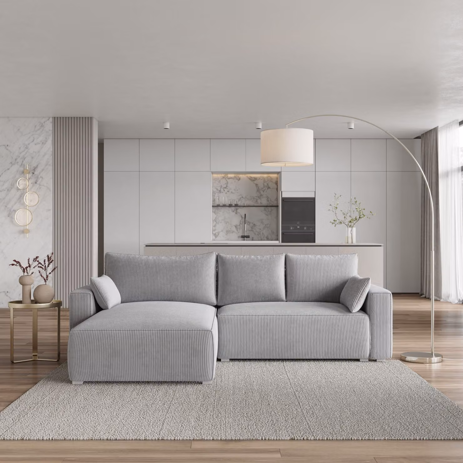 Divano angolare Masseno FORIL P con funzione letto a L, divano con box letto, divano da salotto, divano, divano, divano letto, set di divani - grigio chiaro, POSO 55