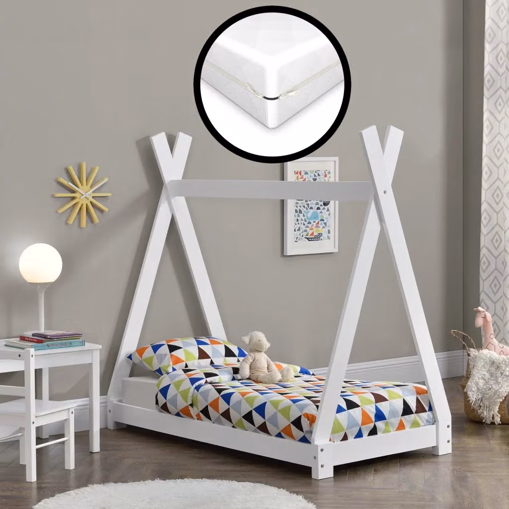 Letto per bambini neu.haus in legno di pino bianco con materasso in schiuma fredda e fodera rimovibile Öko-Tex Standard 100 L/P: 140 x 70 cm – 2