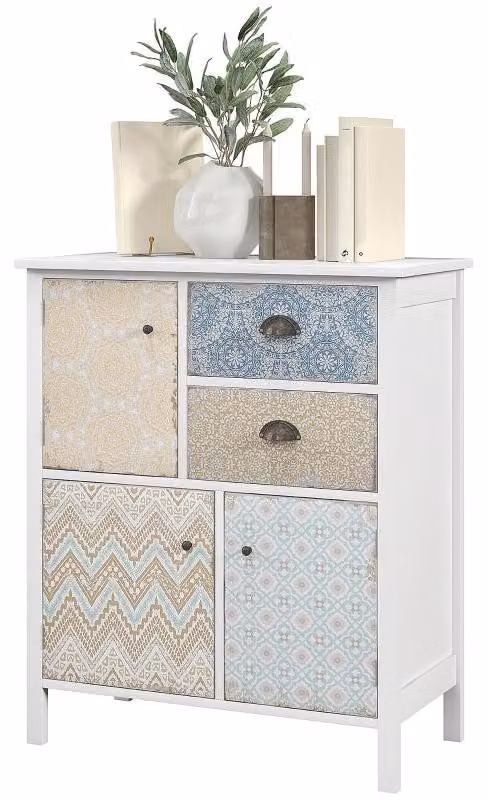 Mobile contenitore shabby-chic con 2 cassetti e 3 scomparti | Colore: Bianco | Dimensioni: 68x34x80 cm