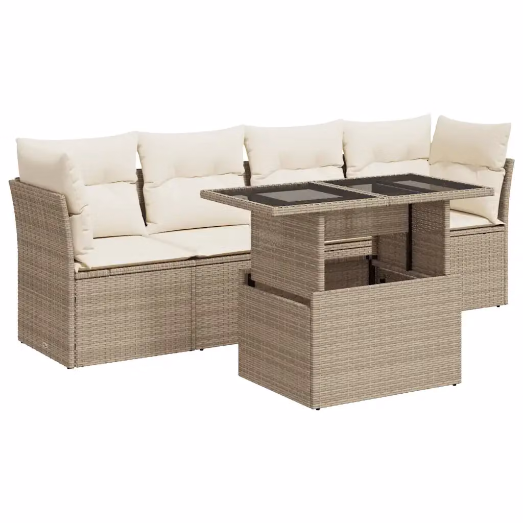 Set Divano da Giardino a L vidaXL con Tavolino in Vetro e 5 Cuscini Beige – 2