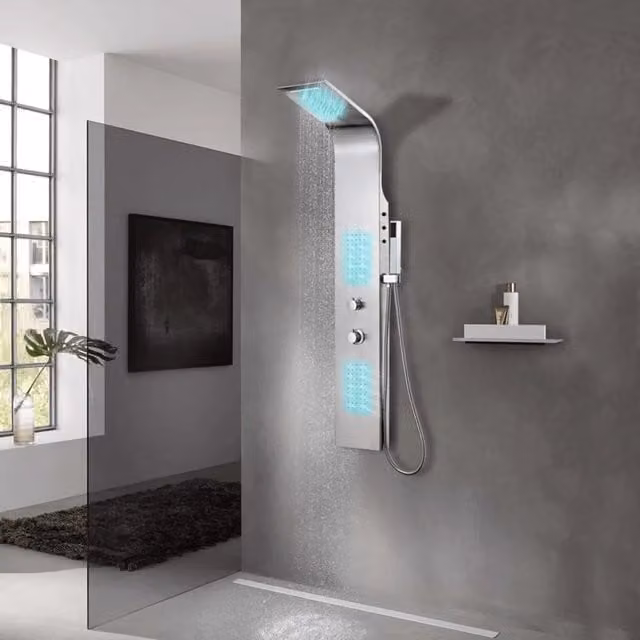 Pannello Doccia Curvo vidaXL in Acciaio Inossidabile Spazzolato Argento con Doccino a Mano e Termostato, Funzioni Rain e Massage, H: 130 cm, L: 44 cm, P: 20 cm