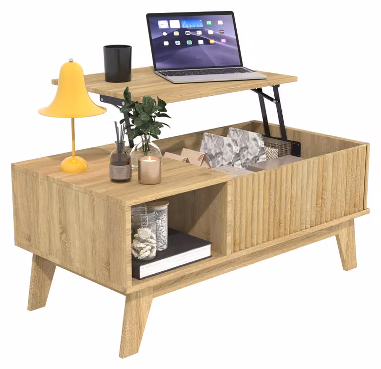 Tavolino da divano regolabile in altezza, con spazio contenitore, design moderno in legno, dotato di vano aperto, ideale per il soggiorno. Tavolino con gambe in legno e frontale a onda