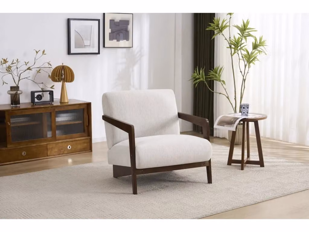 Poltrona lounge scandinava Palozi Home in legno e tessuto beige con braccioli – 2