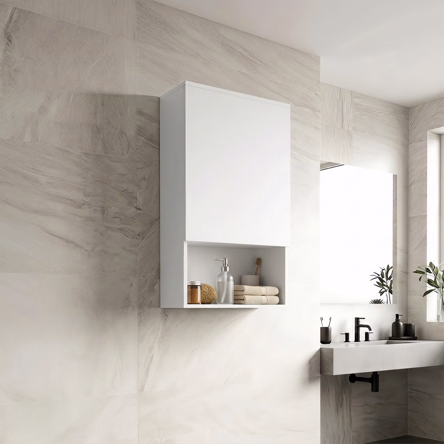 Mobile bagno da parete HOMCOM moderno con ripiani regolabili e anta, Bianco – 2