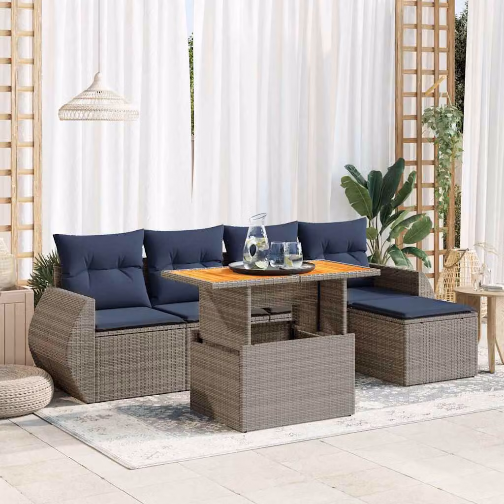 Set Divano da Giardino vidaXL 6 pz a Forma a L con Cuscini Grigio e Blu in Polyrattan e Acciaio