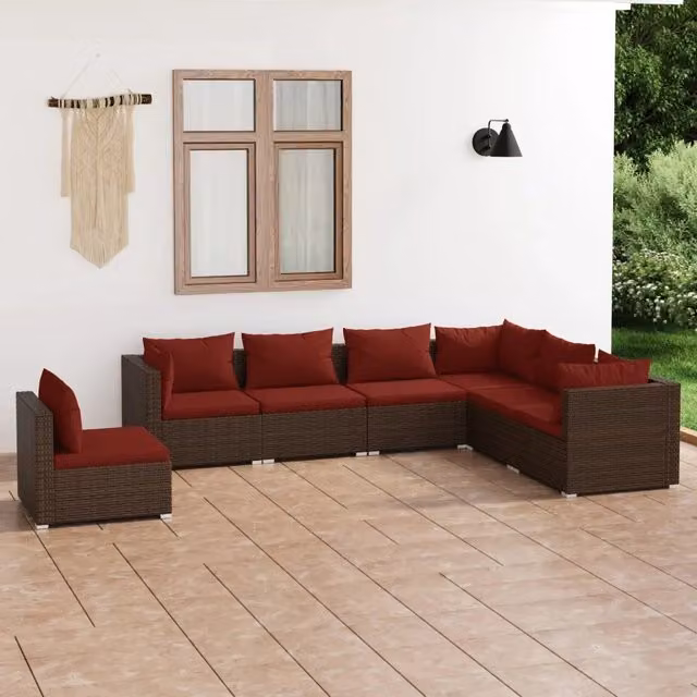 Set Divani da Giardino 7 pz con Cuscini in Polyrattan Marrone 3102355