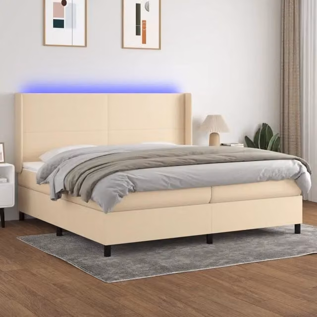 Letto a molle con materasso vidaXL in tessuto bianco e beige con illuminazione LED e porta USB L/P/H: 200 x 200 x 203 cm – 1