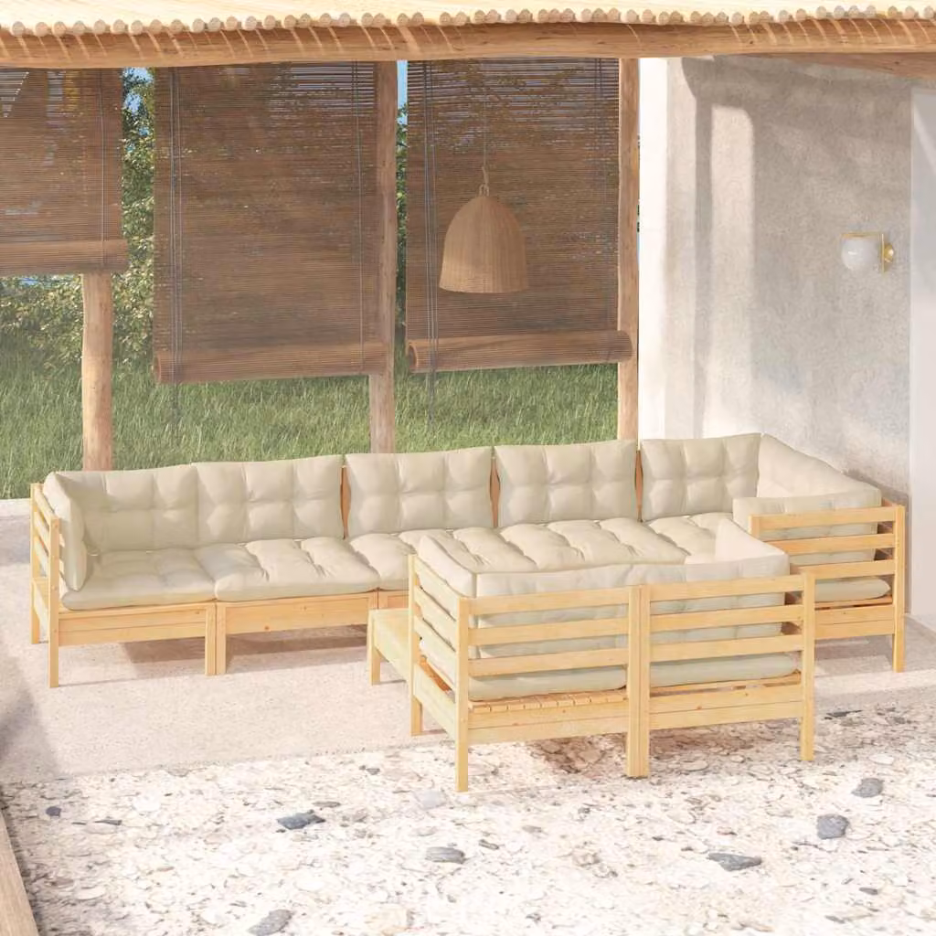 Set Divani da Giardino vidaXL 9 pz a Forma a L in Legno di Pino con Cuscini Beige
