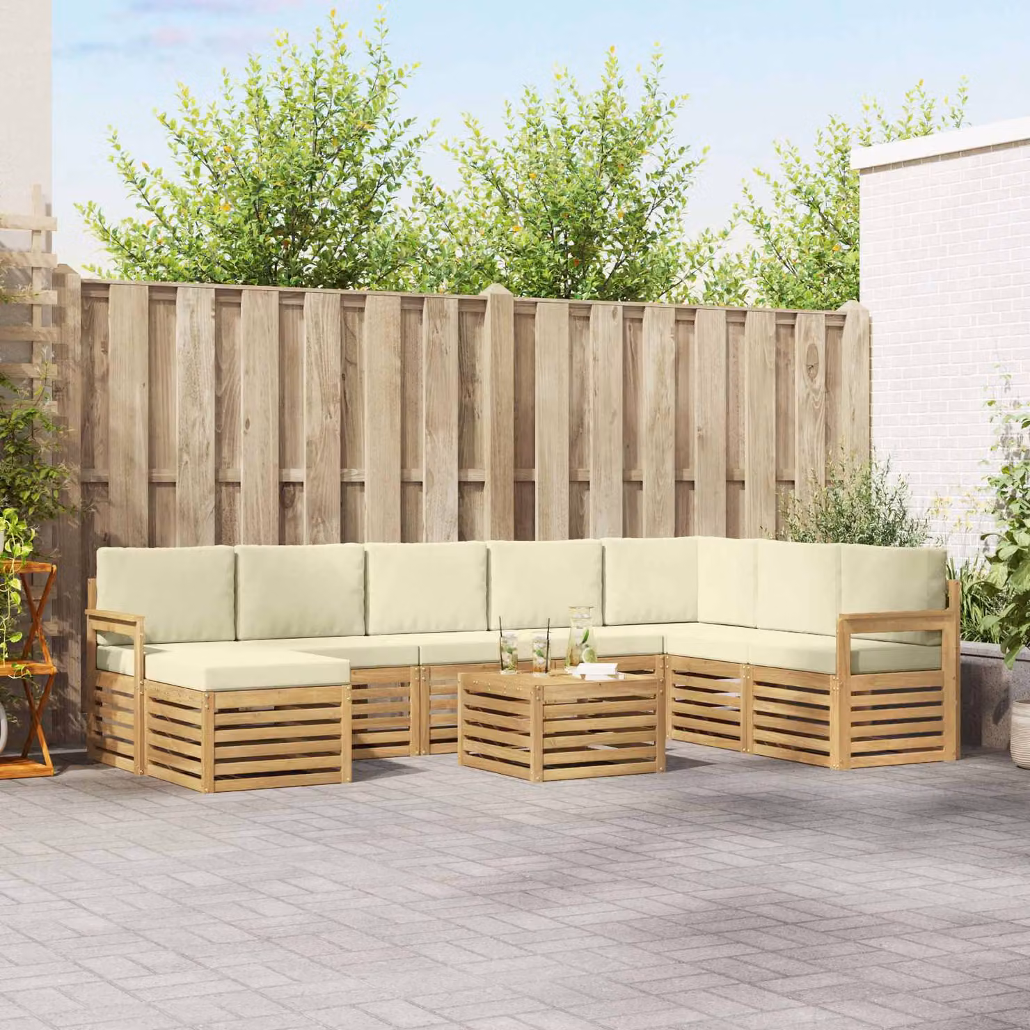 Set di divani da esterno vidaXL 9 pz in legno di acacia con tavolino e pouf, Bianco, Beige e Marrone