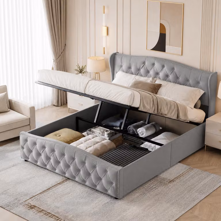 Letto imbottito INONEFT, 140x190 cm, con struttura a molle, contenitore, sistema di sollevamento idraulico, letto per ragazzi, letto matrimoniale con rete a doghe, colore grigio