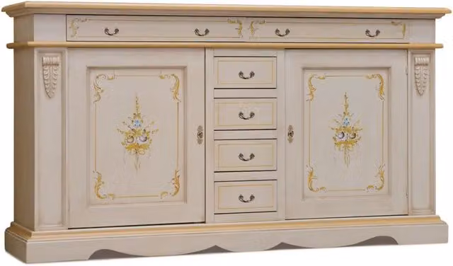 Madia credenza in legno con decoro floreale Mobili2g, colore bianco e oro, L: 210 cm, P: 60 cm, H: 115 cm – 2