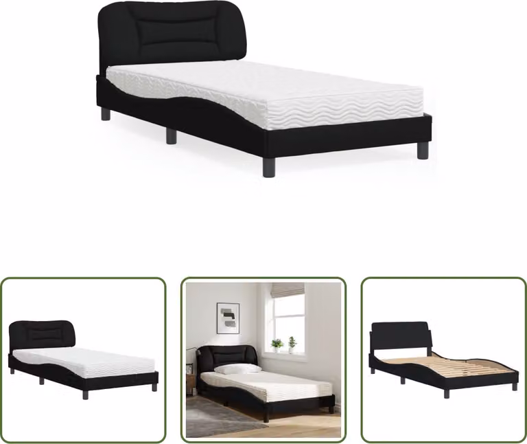 The Living Store Letto con materasso nero 100x200 cm in tessuto