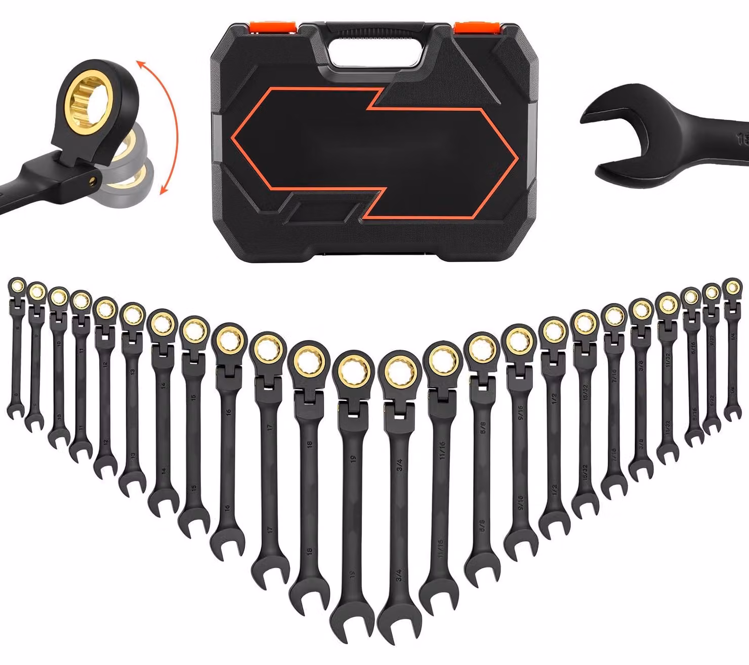 Set di chiavi a cricchetto e chiavi ad anello a cricchetto - 24 pezzi - Metriche e SAE - Con 72 denti - Testa flessibile - Acciaio Cr-V - Con valigetta di conservazione - Per uso domestico e automobilistico