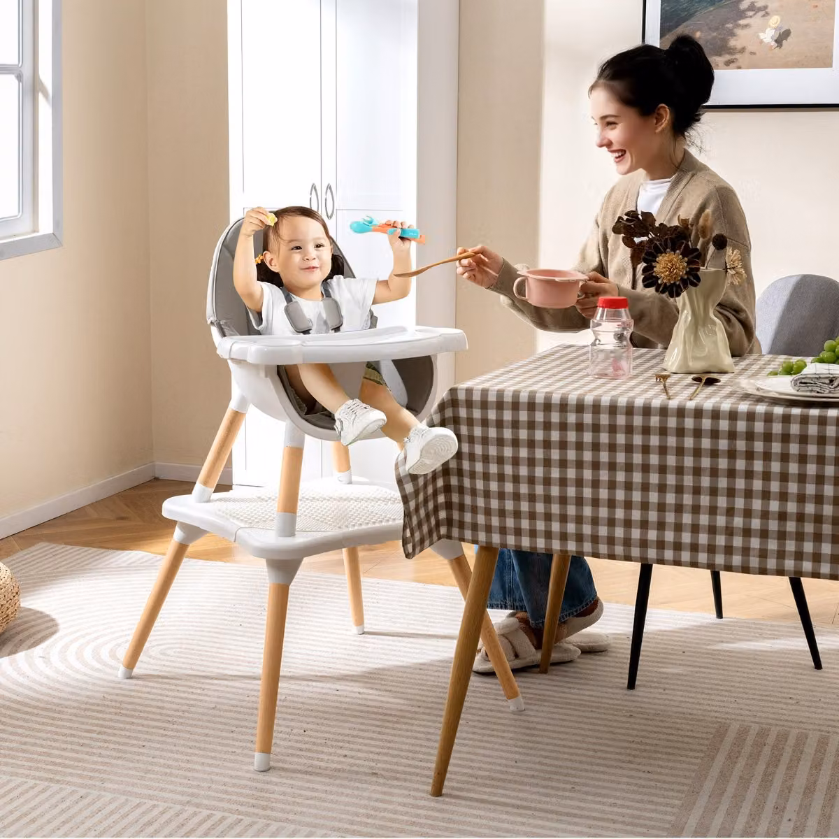 Set tavolo e sedia 6-in-1 convertibile Costway in legno con vassoio rimovibile per bambini, Grigio