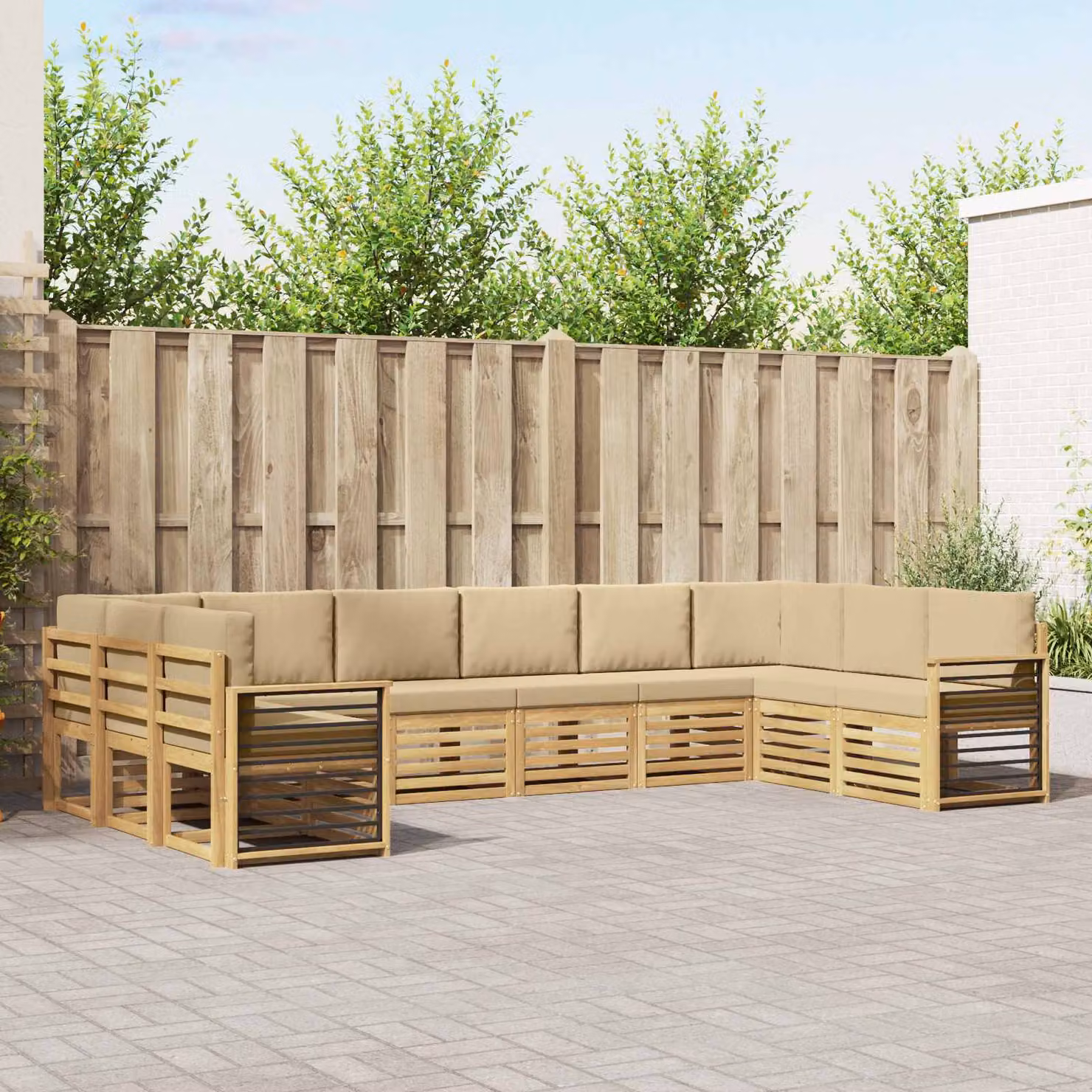 vidaXL Set di divani da esterno a forma di U composto da 10 pezzi in legno di acacia e poliestere resistente ai raggi UV, Bianco e Beige