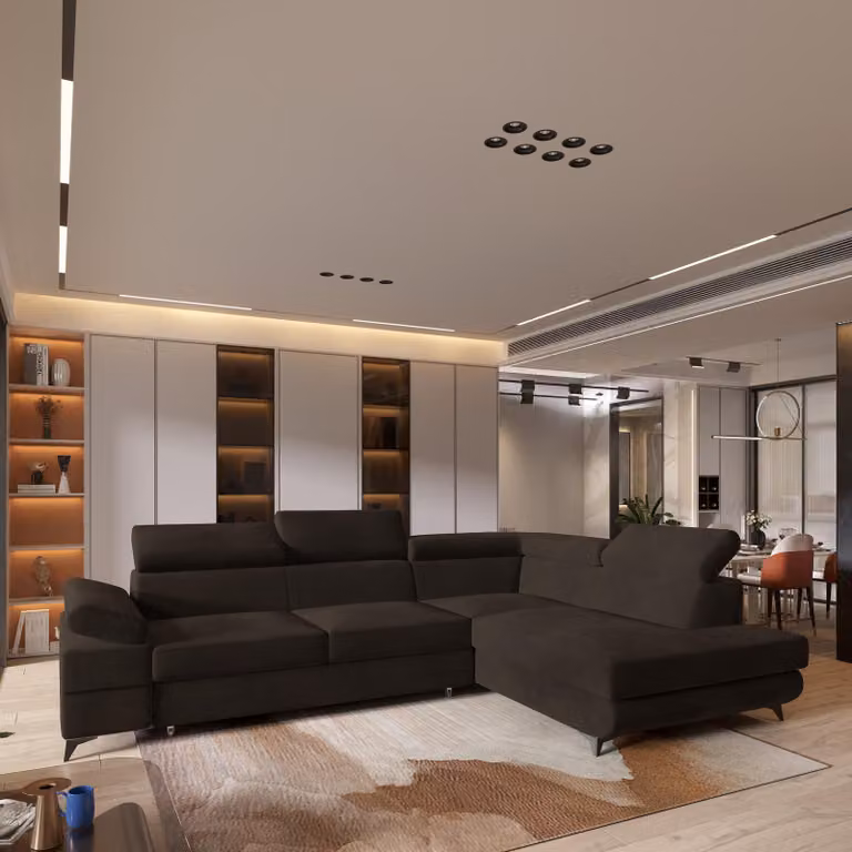 Divano angolare FAVIEN R-S di Masseno con funzione letto a L, divano con box letto, divano da soggiorno, divano, divano letto, set di divani - marrone, MONOLITH 29